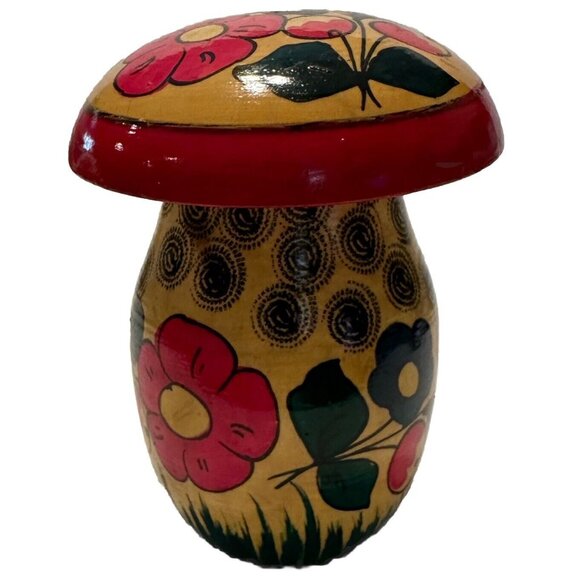 Vintage Russian Wood Mushroom Box Trinket Hand Painted 5 " Tall Floral Boho - Picture 1 of 7